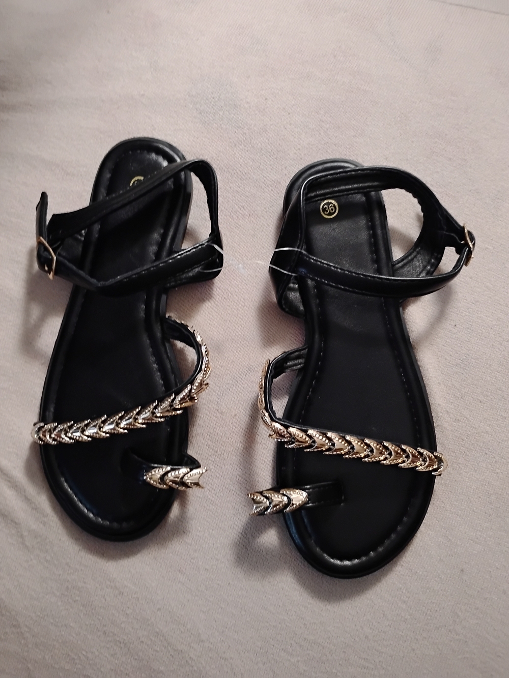 Black Women's Sandals with Gold Braided Accent